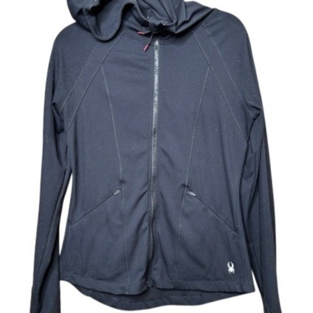 Spyder Active Women Black Full Zip Hooded Jacket Thumbholes M Running Athletic